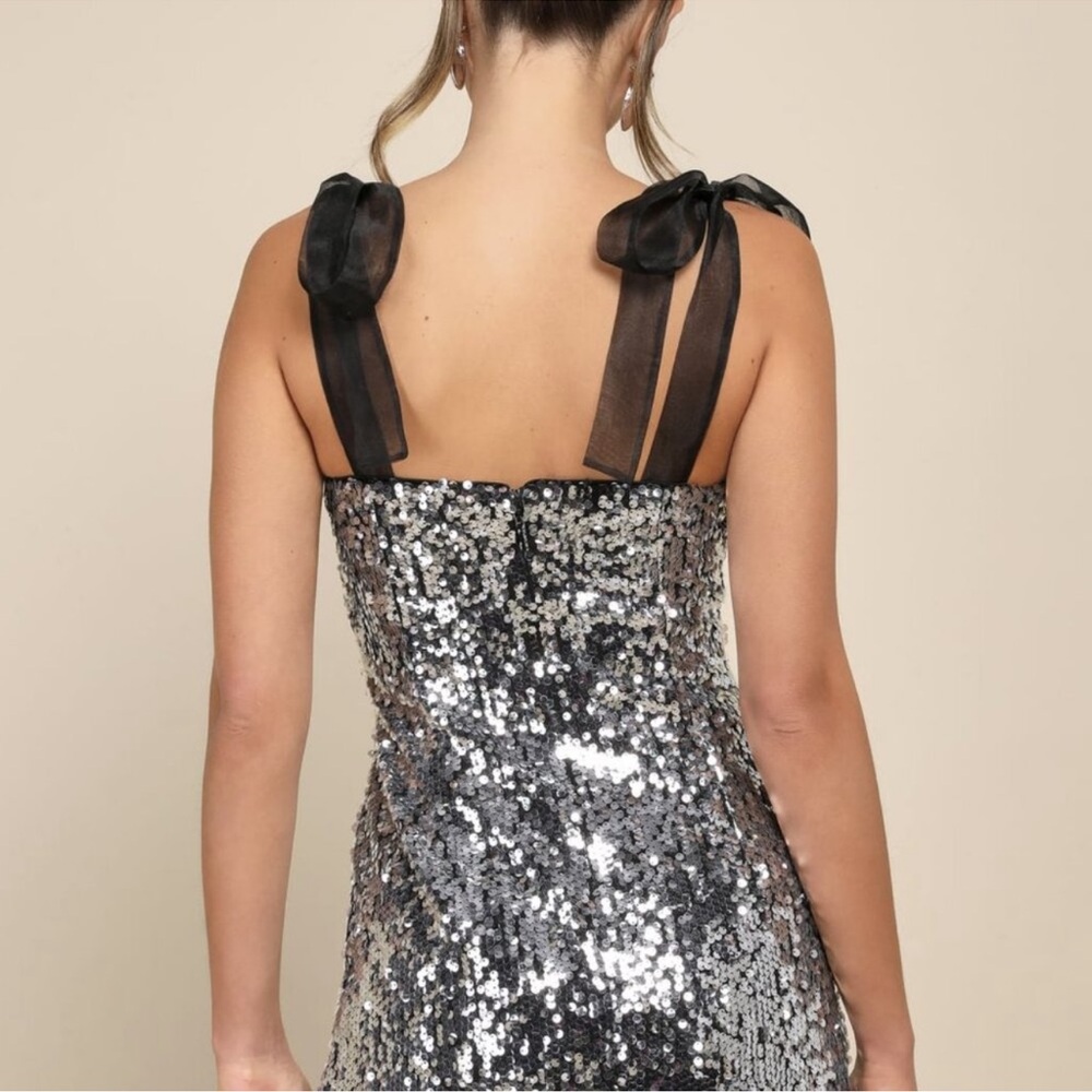 Lulu’s Black Silver Sequin Tie-Strap Mini Dress​ XL Disco Vegas Bachelorette - Picture 3 of 4